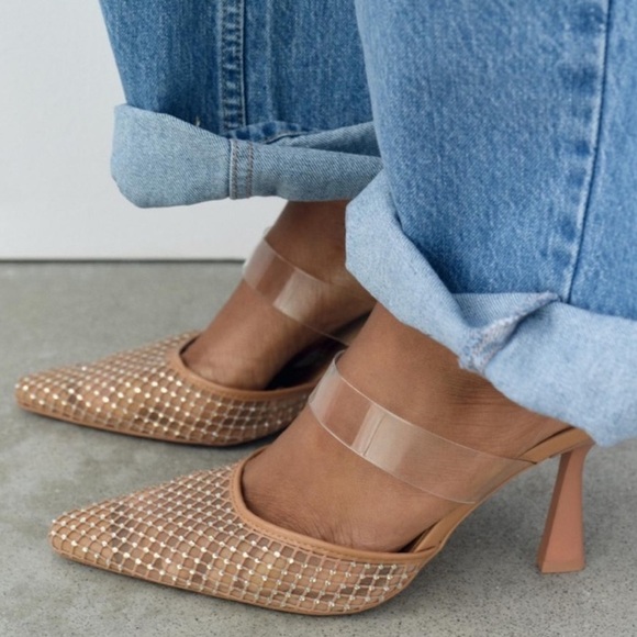 Zara Vinyl Mesh Pointed Toe Rhinestone Heeled Nude Mules - Picture 1 of 6